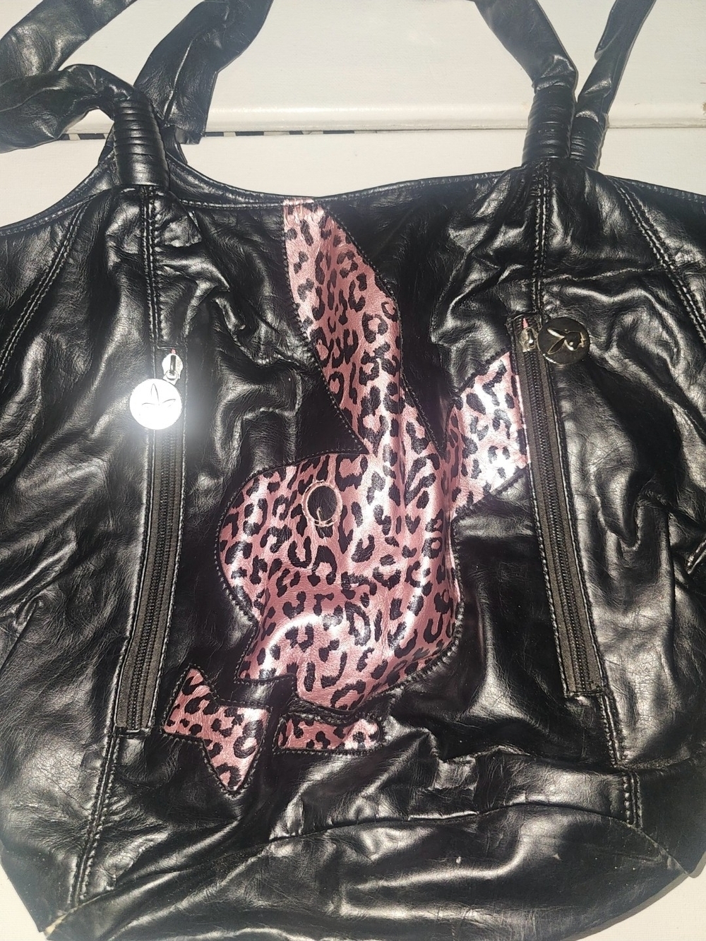 PLAYBOY Black Shoulder Tote with Pink Leopard Accent - Picture 3 of 16